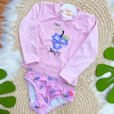 Linha Praia - Conj. Blusa Manga Longa Grapes e Calcinha com Proteção UV50+ - Rosa